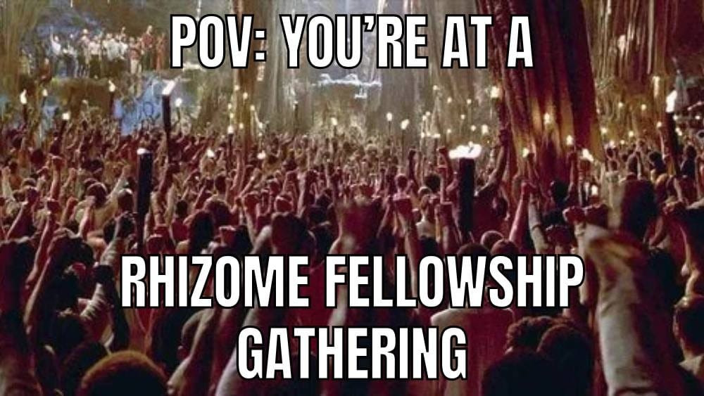 POV: You're at a Rhizome fellowshhip gathering + frame of Zion in Matrix film