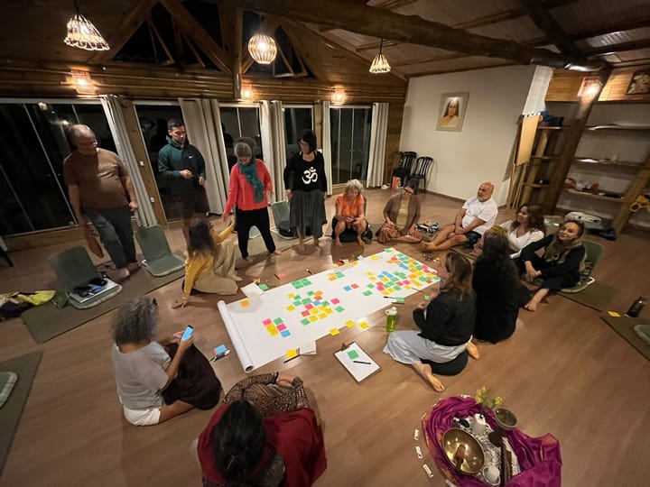 A group of people in circle around a big piece of paper with colorful post-its, a training in Brazil